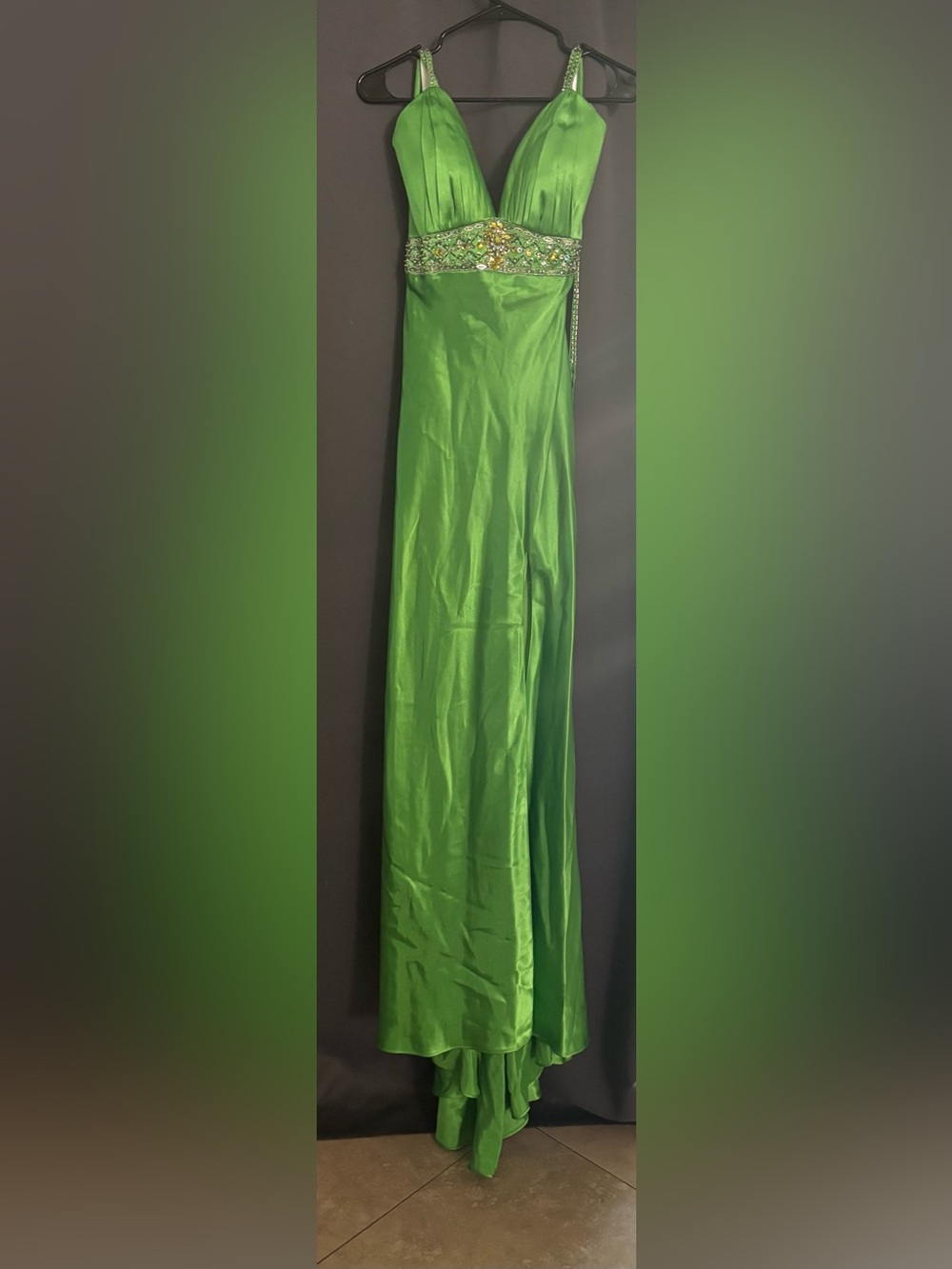 Tiffany Designs- Green beaded column halter style dress size 8